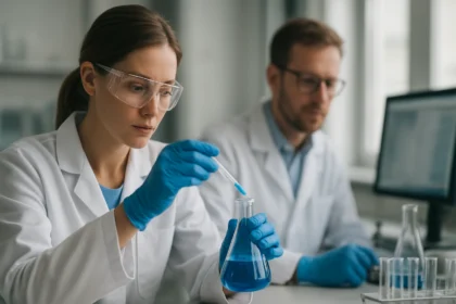 Kémiai kísérlet hidrofób varázshomokkal laboratóriumban.