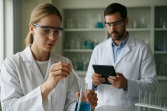 Kémikusok laboratóriumban massicot (PbO) vizsgálatkora