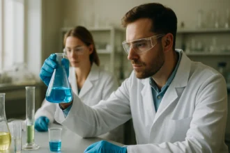 Laboratóriumi kísérletezők kerámiamázakkal kapcsolatos vizsgálatokat végeznek.