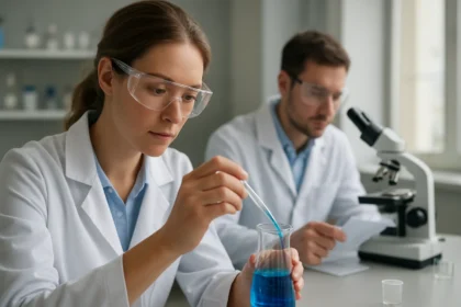 Laboratóriumi kísérlet fiatal nő és férfi oktatók között.