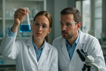 Két tudós laborban kémiai oldatot vizsgál.