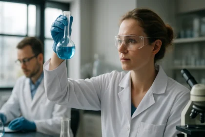 Laboratóriumi kísérlet hexánsavval, szakember kezei között kémcső.