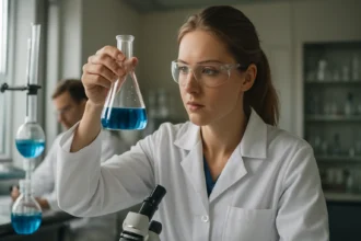 Kémikus laboratóriumban, Nernst-féle megoszlási törvényt elemző nő