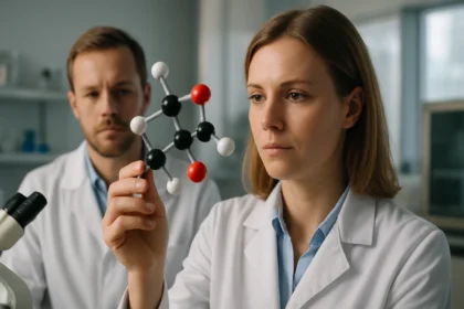 Két kémikus vizsgál egy molekulát laboratóriumban.