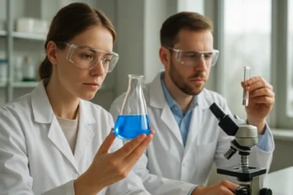 Két tudós laboratóriumi környezetben, folyadékkal és mikroszkóppal dolgozik, kémiai szintézishez.