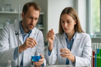 Két tudós laboratóriumi környezetben, mentol kémiai kutatása közben.