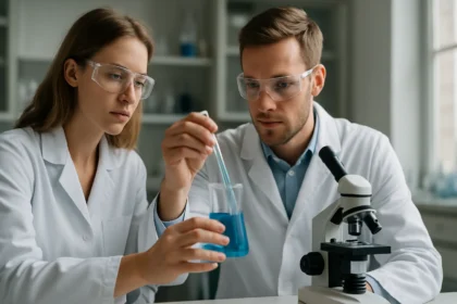 Két kutató kémiai úton veszélyes anyagokkal dolgozik laboratóriumban.