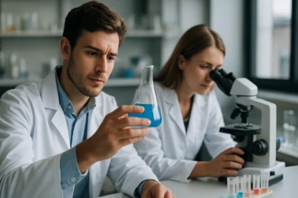 Két tudós laboratóriumi vizsgálat közben, kémcső és mikroszkóp használatával