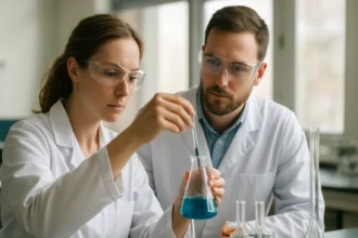 Két kémikus munka közben laboratóriumban, laborfelszerelés mellett.