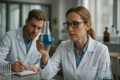 Kémikusok polarográfiai elemzést végeznek laboratóriumban.
