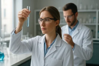 Két vegyész a laborban hidratáltság és hígítási kísérletek során