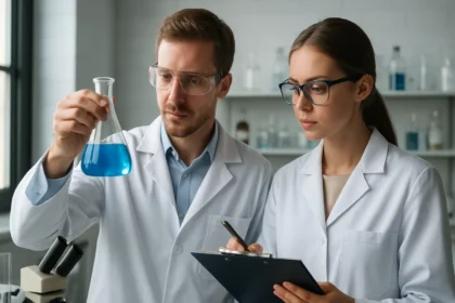 Két kutató laboratóriumban hidratokat vizsgál, kék folyadék a lombikban.