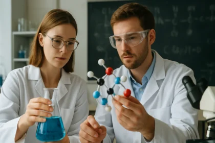 Két vegyész dolgozik a hidrogén-cianid molekuláján a laboratóriumban.