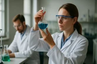 Női tudós hidrofób anyagokat vizsgál laboratóriumban