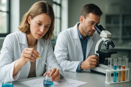 Két kutató laboratóriumban, vízlepergető anyagokkal kísérleteznek.