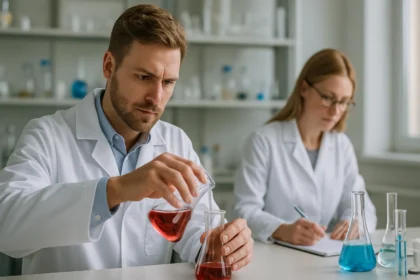 Két kutató egy laboratóriumban, folyadékokat vizsgálva és dokumentálva.