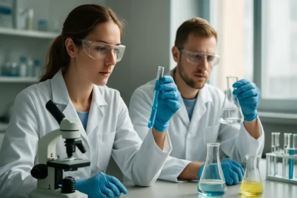 Két tudós laboratóriumban hidrogén-azidot kutat