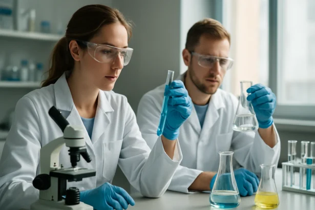 Két tudós laboratóriumban hidrogén-azidot kutat