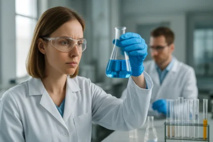 Kutatók laboratóriumban hidrogén-cianid vizsgálatát végzik.