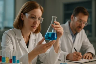 Kémiai laboratóriumi munka hidrogén-fluoriddal, kék folyadékkal