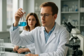 Tudósok laboratóriumban hidrogén-hexakloro-platinátot vizsgálva.