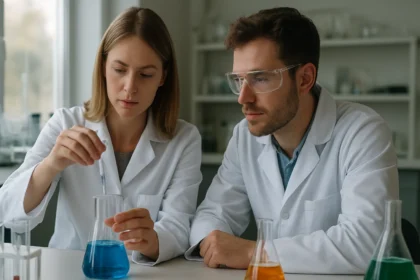 Két tudós laboratóriumban hidrogén-kelát kísérletet végez
