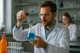 Laboratóriumi dolgozó hidrogén-klorid vizes oldatát vizsgálja