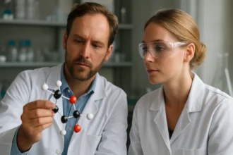 Két kutató hidrogénkötés modelljét tanulmányozza laboratóriumban.