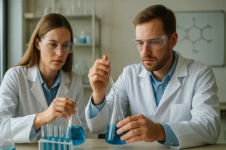 Két kémikus laboratóriumban, hidrogénmolekula-ionnal kapcsolatos kísérleteket végeznek.