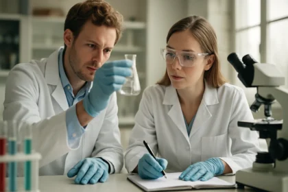 Két kutató a hidrogén-rodanid átvizsgálásán egy laboratóriumban.