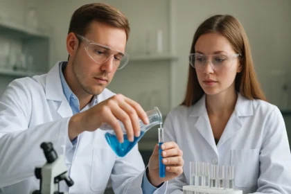 Két laboratóriumi dolgozó hidrogén-szulfát oldatot készít.