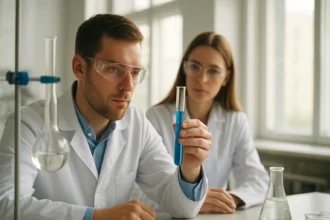 Két tudós laboratóriumban hidrogén-szulfidot vizsgálva.