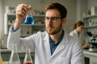 Kémikus laboratóriumban kék folyadékot vizsgál