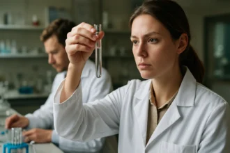 Laboratóriumi kísérlet hidrogén-szulfiddal, kémikus női szakember.