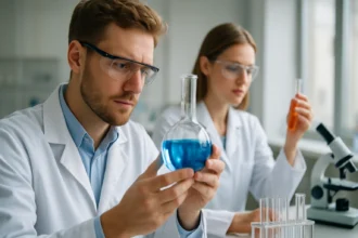 Két tudós laboratóriumban kémiai kísérletet végez