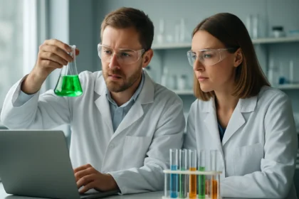 Két kutató laboratóriumban hidrogén-tartarátokkal dolgozik.