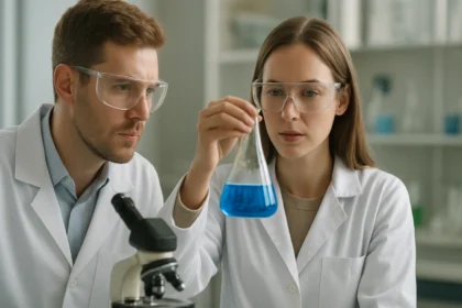 Kémikusok elemzik a hidrogén-tellurid oldatot laboratóriumban.