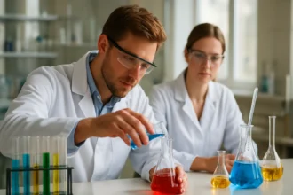 Kémiai kísérlet hidrogén-klorid vegyületekkel laboratóriumban.