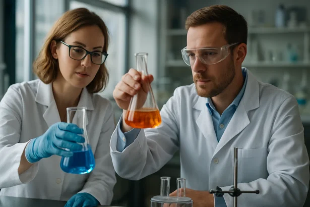 Két kutató vizsgálja a hidrolízis kísérletet laboratóriumban.