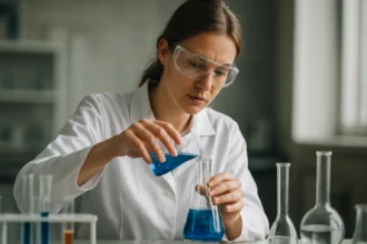 Kémiai kísérlet hidrometallurgiában, kék oldatot keverő női tudós