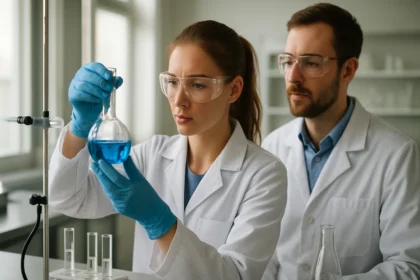Kémikusok kék folyadékot vizsgálnak laboratóriumban