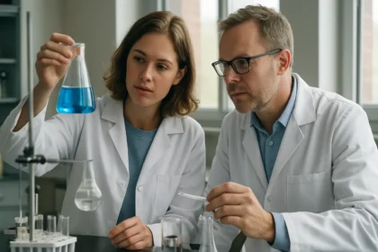 Két kutató a hidróniumion kémiai vizsgálatán laboratóriumban.