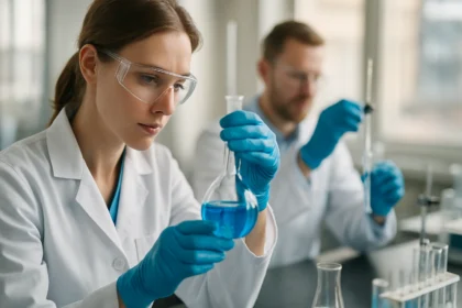 Női kutató hidroszol elemzése laboratóriumban