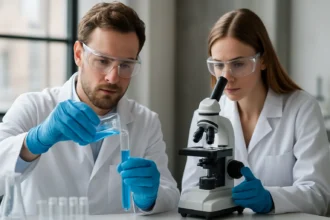 Két tudós laboratóriumban, kémiai kísérletezéssel foglalkoznak