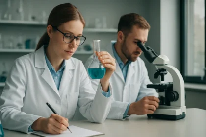 Kémiai laboratóriumban dolgozó tudósok, fenollal végzett kísérlet