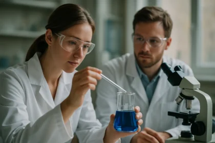 Két kutató laboratóriumi munkát végez egy kémiai kísérlet során.