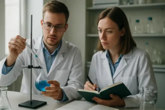 Két tudós laboratóriumban almasavat vizsgálva kémiai kísérlet közben.