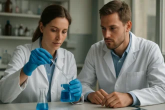 Két kutató laboratóriumi kísérletet végez, 3-hidroxi-butánsav vizsgálata.