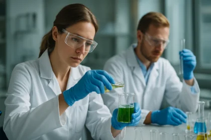 A laboratóriumban dolgozó kutatók hidroxi-dimetil-benzol kísérletezés közben.