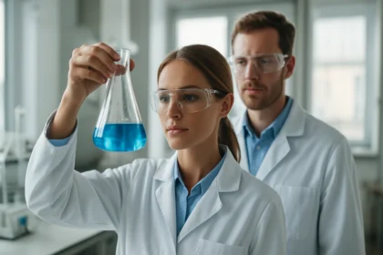 Két kutató laboratóriumban pszilocin vegyületet vizsgálva.